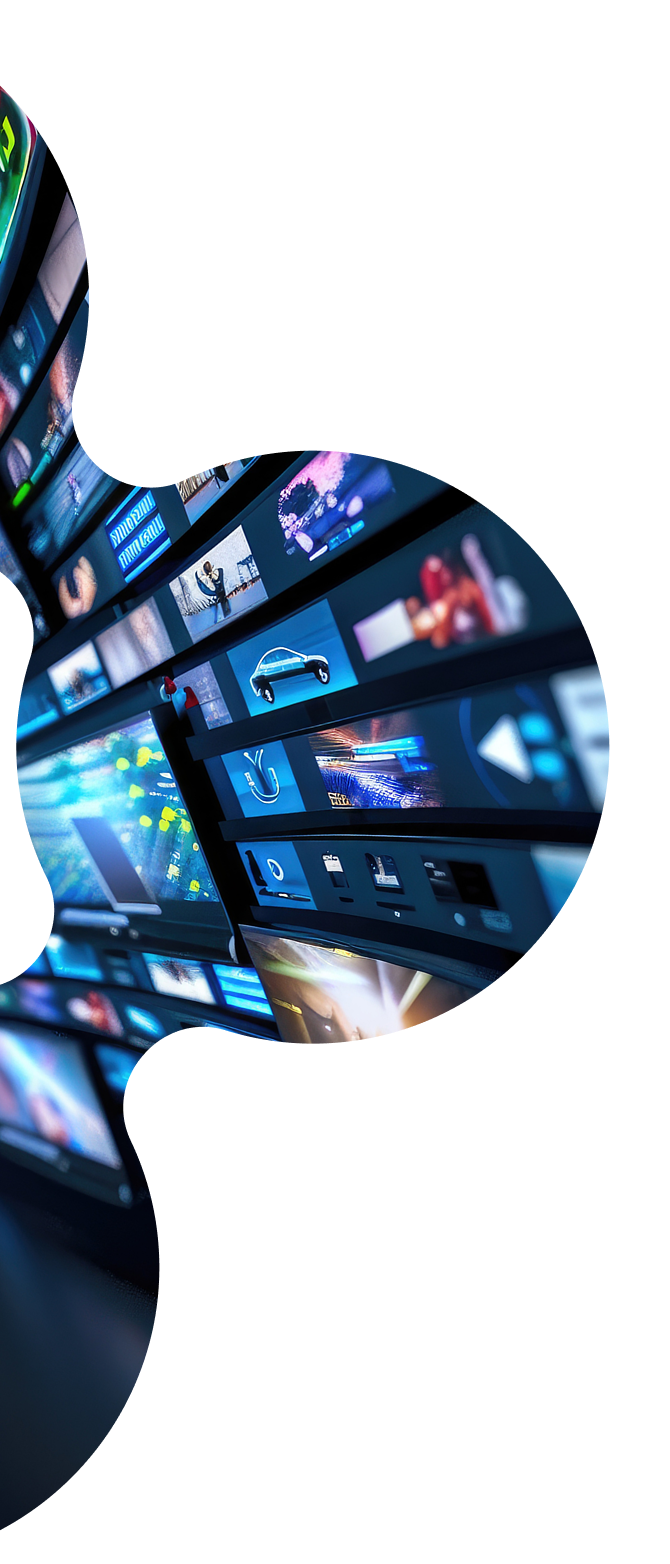 A close-up of multiple digital screens displaying various multimedia content, such as videos and images, arranged in a modern, curved interface against a white background.