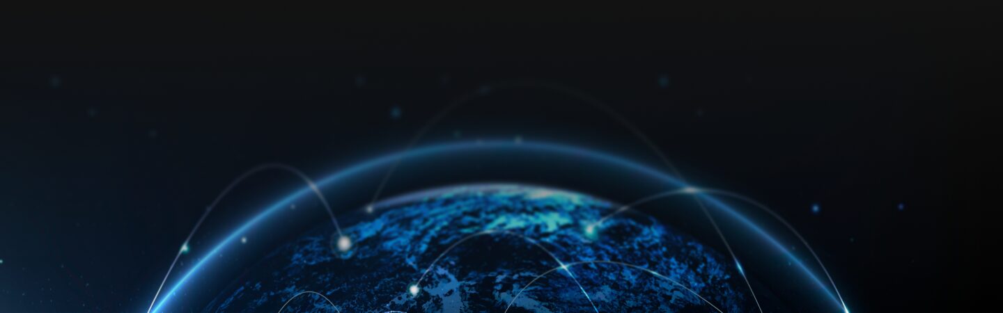 A view of Earth from space with illuminated points and curved lines representing digital connections or networks, set against a dark background.