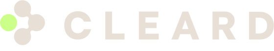 Logo with four dots arranged in a diamond shape, the leftmost dot is light green and the others are beige. The word CLEARD is written in large, beige capital letters to the right of the dots.