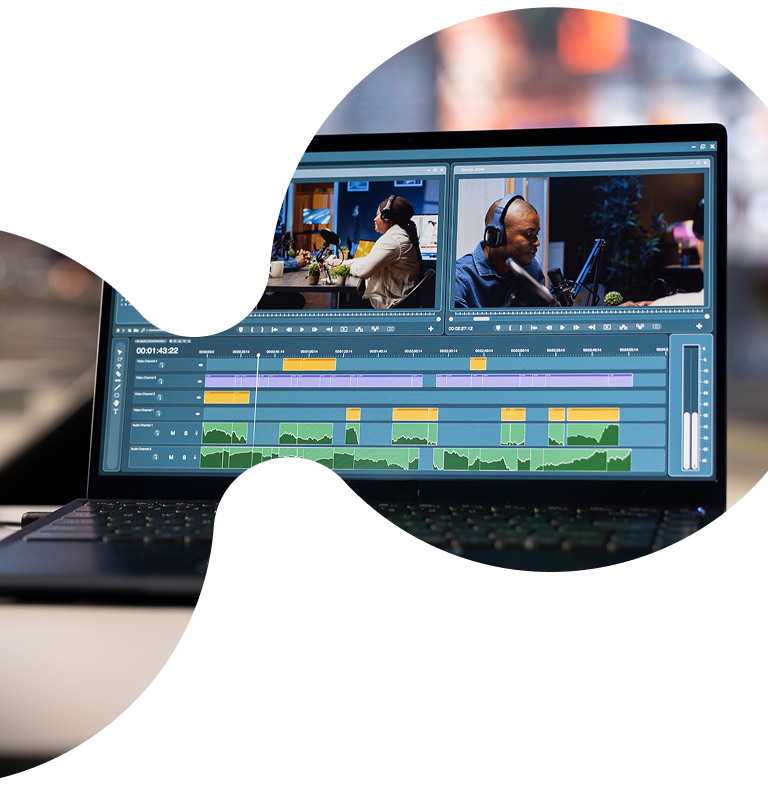 A laptop displays video editing software with two people in a podcast studio on the screen and a multicolored timeline below, framed by a modern abstract white graphic overlay.